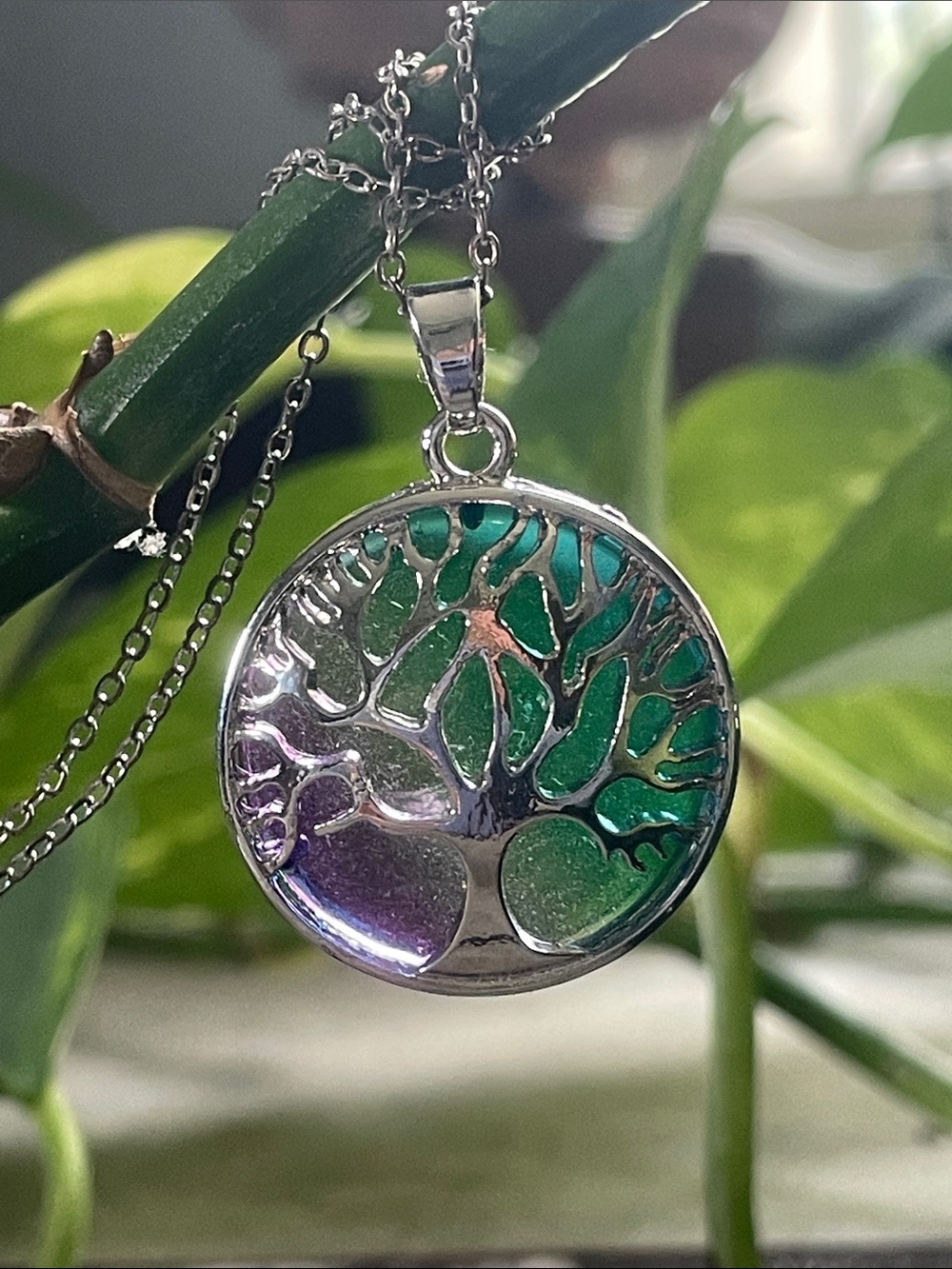 Silver Tree of Life Pendant Necklace in Green/Purple